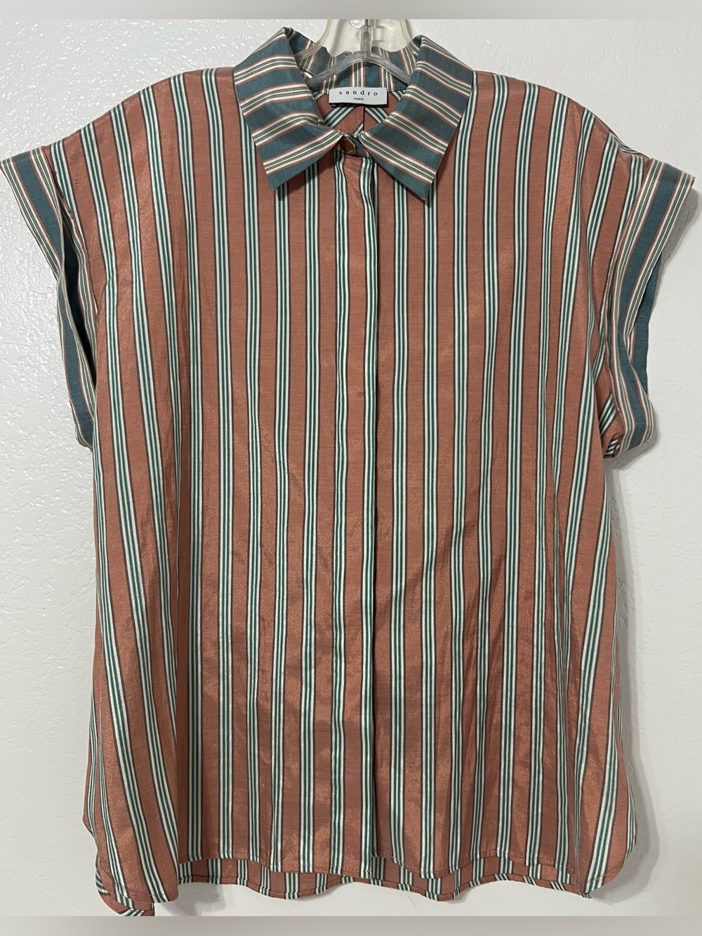 Sandro Paris Striped Blouse Size 3 Oversized Collared Cap Sleeve French Chic - Picture 2 of 10